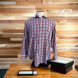Thomas Dean 100% Cotton Red White Blue Plaid Button-Up Long Sleeve Shirt